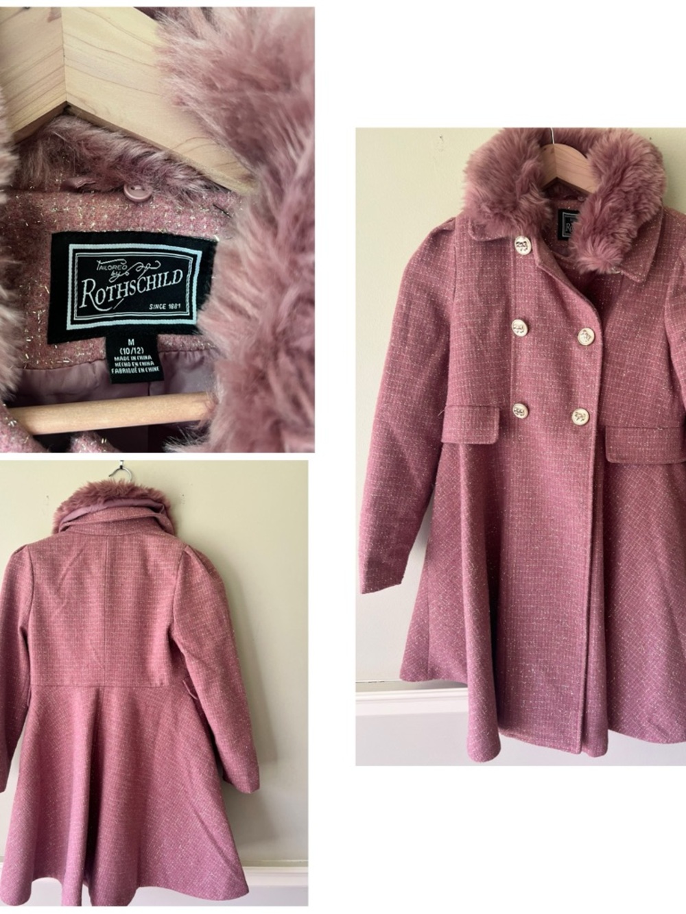 EUC girls 10/12 Rothschild Dusty Rose Double-Breasted Faux-Fur Collar Pea Coat